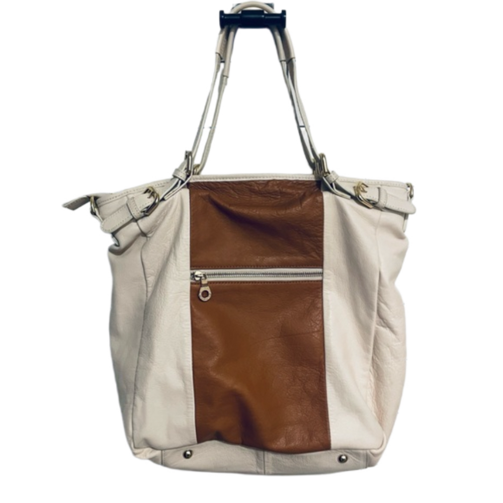 Tan and White Canvas Tote Bag with Leather Accents